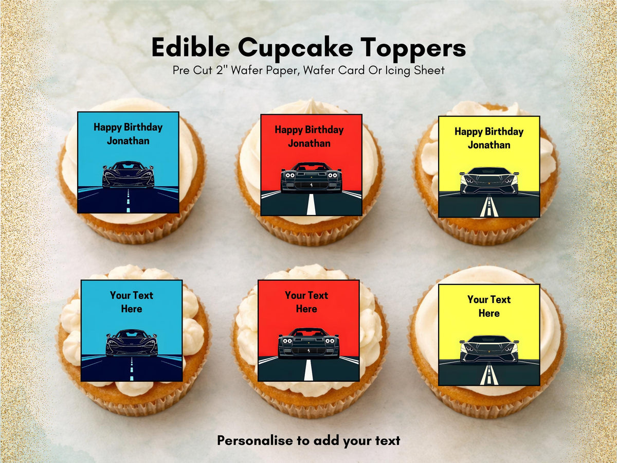 Personalised Sports Car Edible Cupcake Toppers - 2" Wafer Paper, Card, Icing Sheet