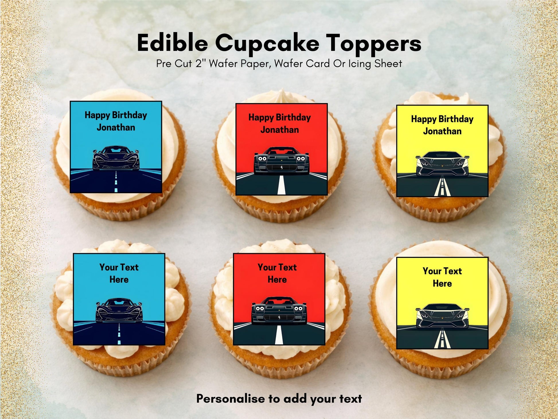 Personalised Sports Car Edible Cupcake Toppers - 2" Wafer Paper, Card, Icing Sheet