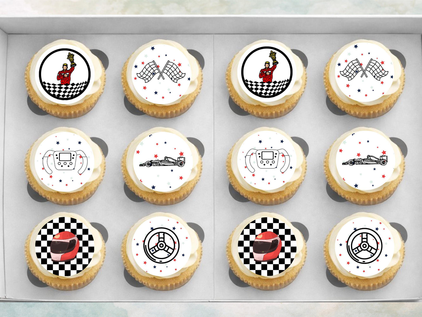Racing Car Edible Cupcake Toppers – Sports Party Decorations (Wafer Paper, Card or Icing Sheet)
