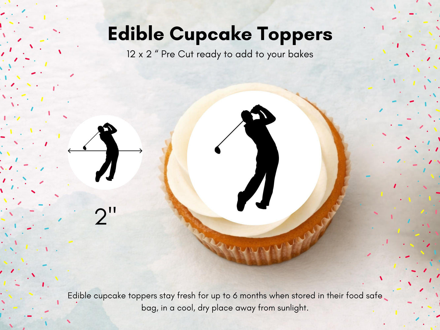 Golf Edible Cupcake Toppers 12 x 2" – Pre cut Wafer Paper, Card or Icing Sheet, Sports Party Decoration, Cake images