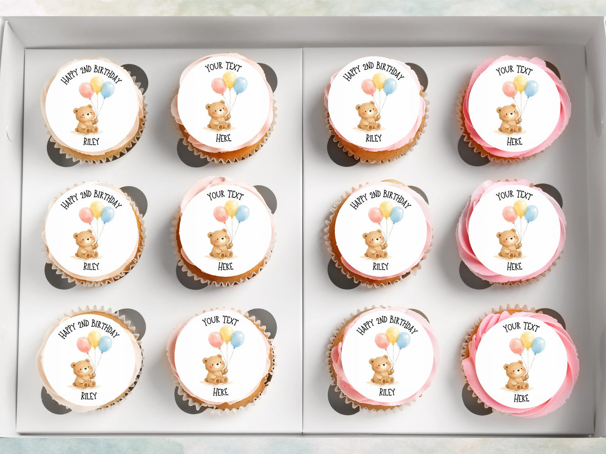 Personalised Bear with Balloons Cupcake Toppers - Edible Cake Decorations