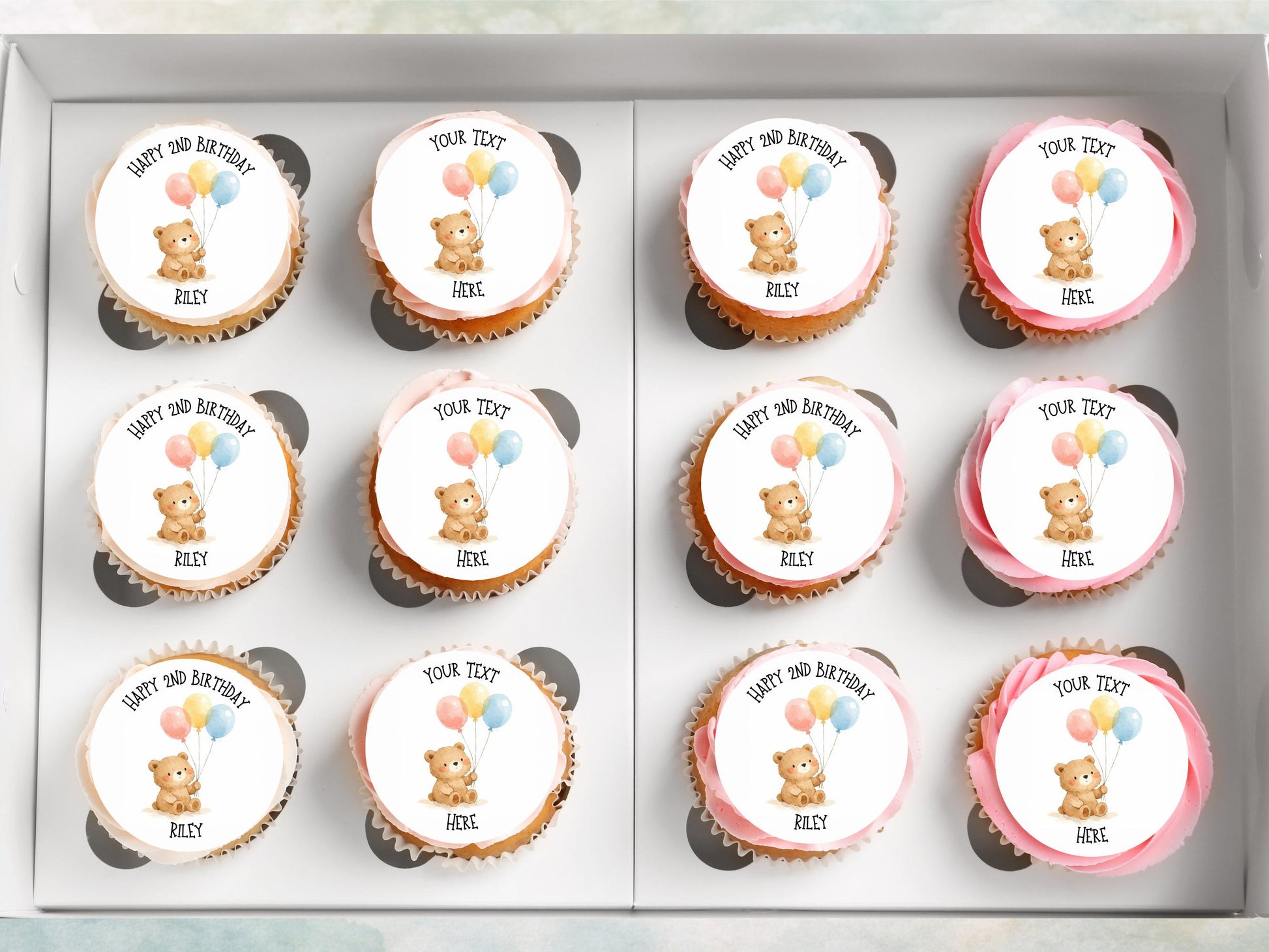 Personalised Bear with Balloons Cupcake Toppers - Edible Cake Decorations