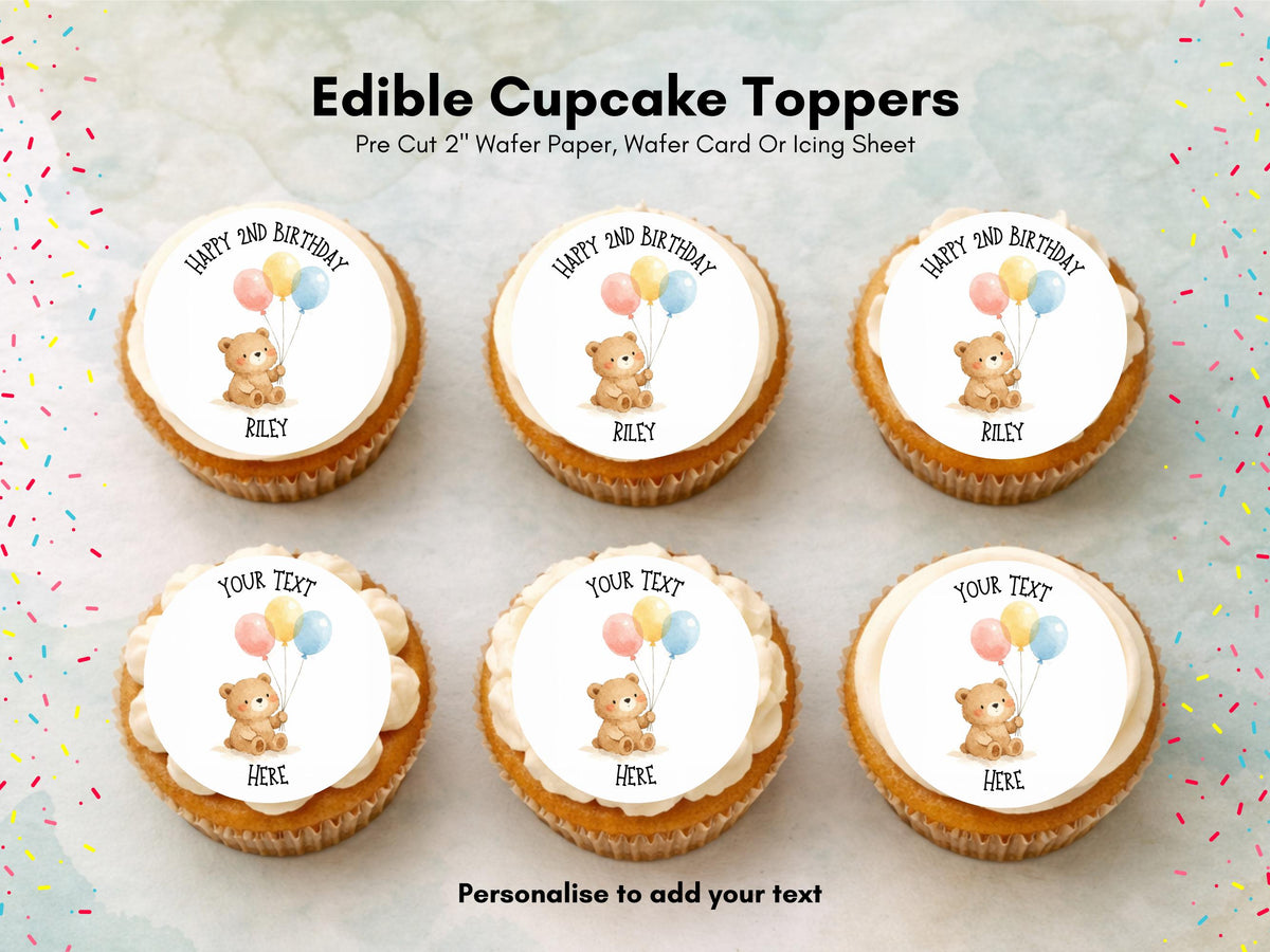 Personalised Bear with Balloons Cupcake Toppers - Edible Cake Decorations