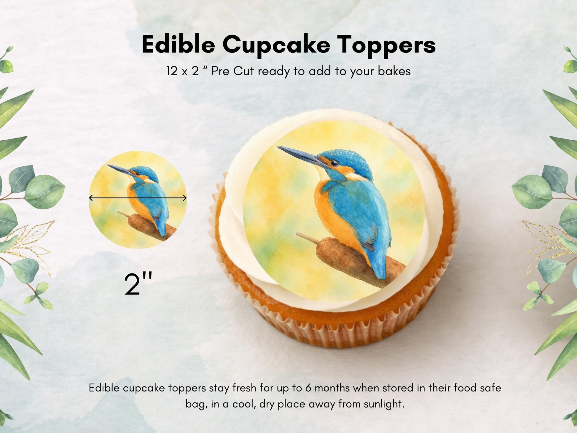 King Fisher Edible Cupcake Toppers 12 x 2"– Pre cut Wafer Paper, Card or Icing Sheet, King Fisher Bird Birthday Cake Topper