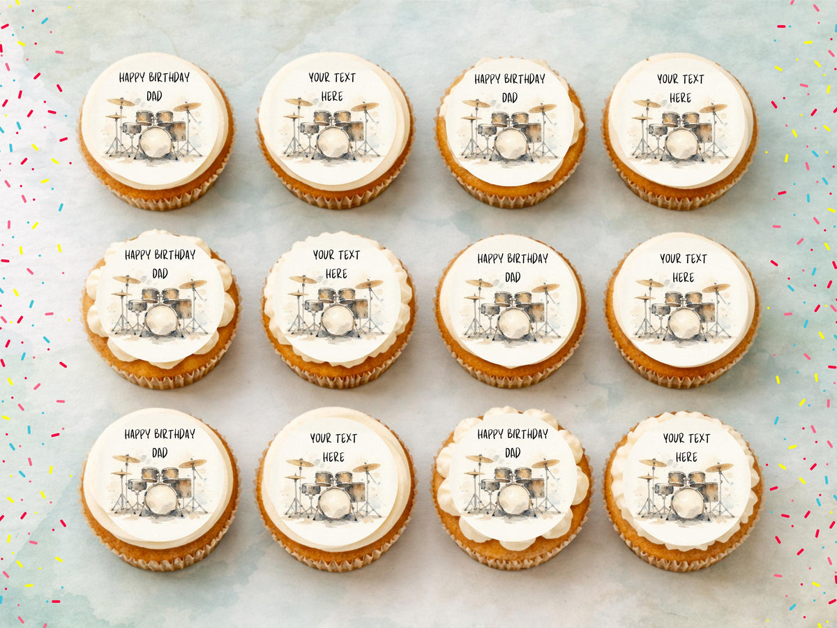 Personalised Drum Kit Cupcake Toppers - Edible Music Cake Decorations