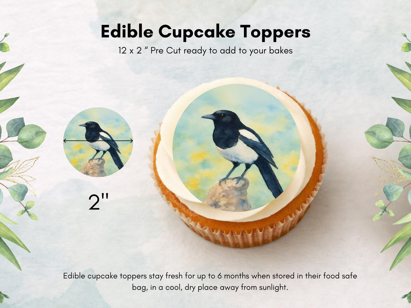 Magpie Edible Cupcake Toppers 12 x 2" Wafer Paper, Card, or Icing