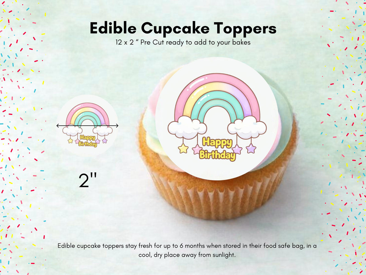 Rainbow Happy Birthday Edible Cupcake Toppers, Birthday Cake Decorations
