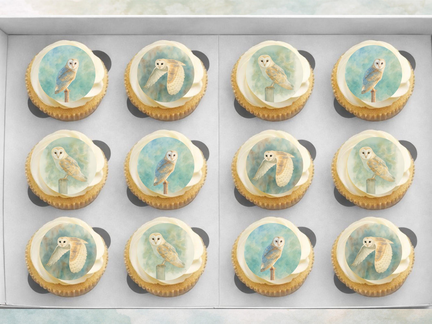 Barn Owl Edible Cupcake Toppers – Pre-Cut 2" (Wafer Paper, Card or Icing Sheet)