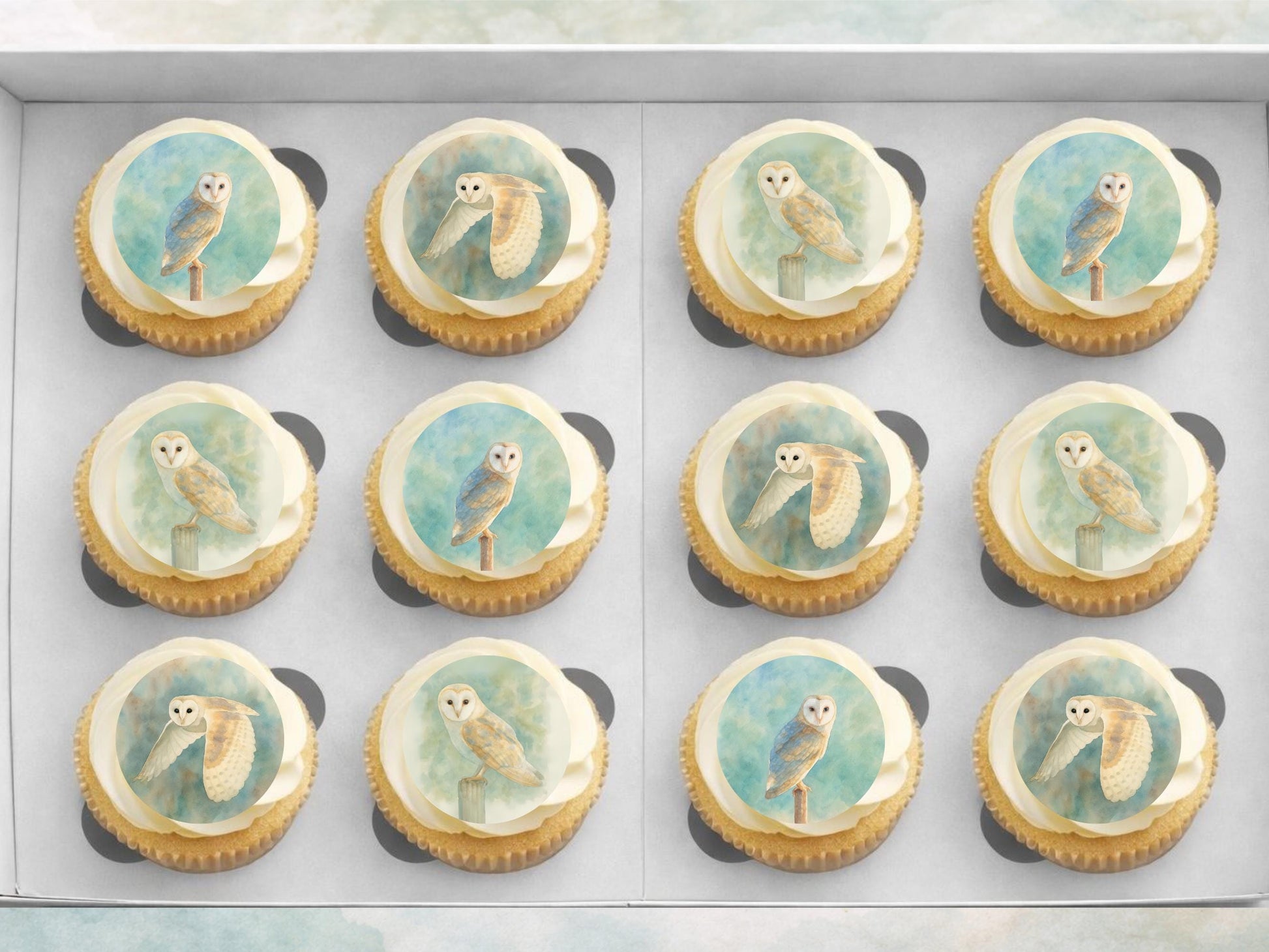 Barn Owl Edible Cupcake Toppers – Pre-Cut 2" (Wafer Paper, Card or Icing Sheet)