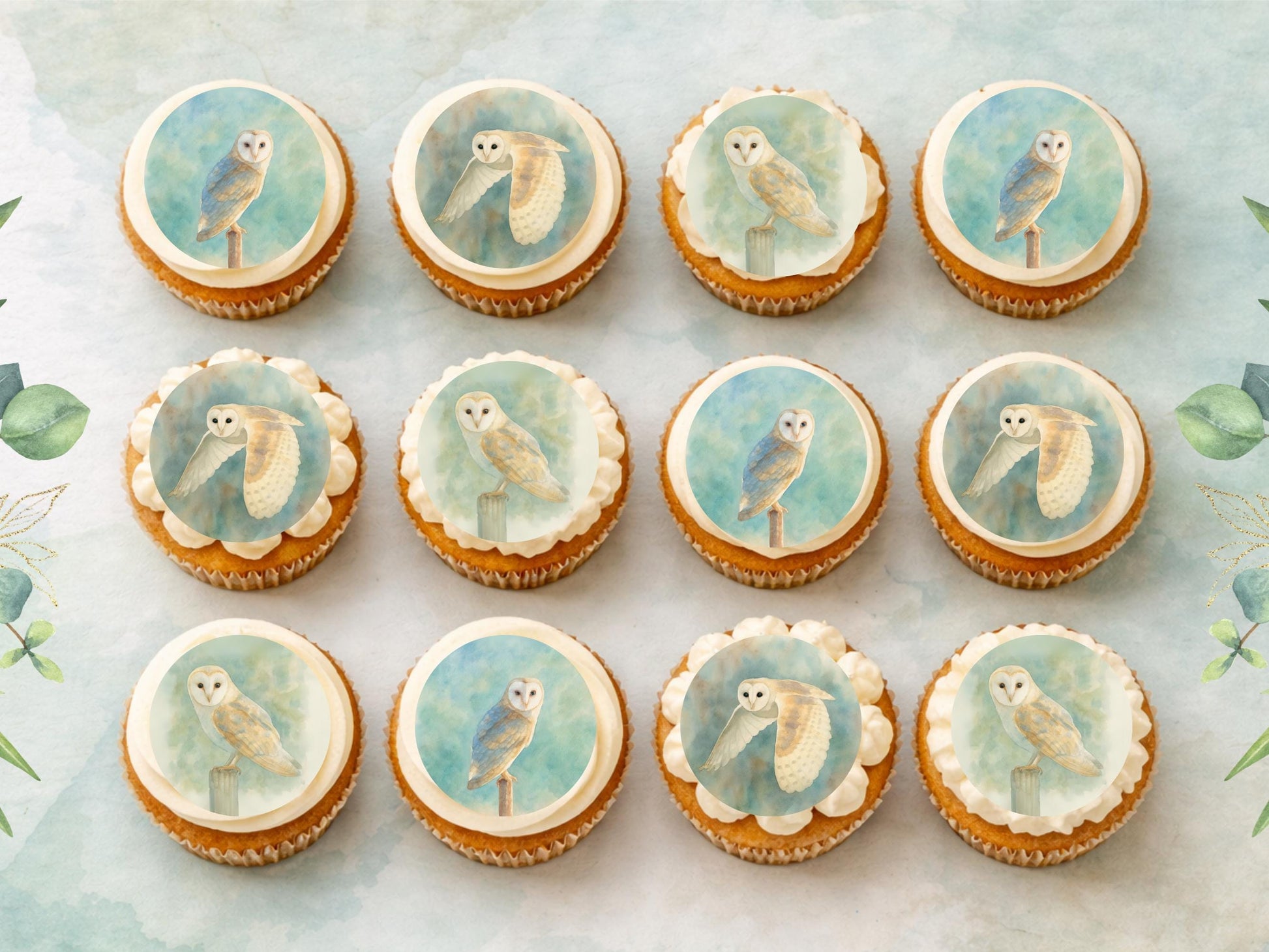 Barn Owl Edible Cupcake Toppers – Pre-Cut 2" (Wafer Paper, Card or Icing Sheet)