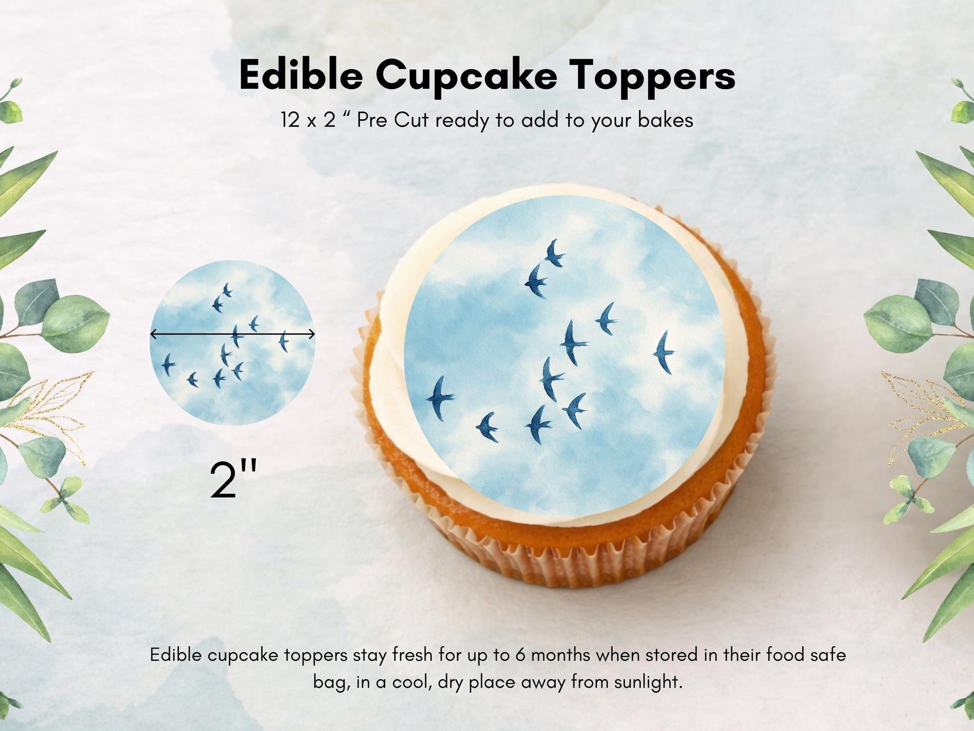 Swallow Edible Cupcake Toppers – 2" Wafer Paper, Card or Icing – 12 ct
