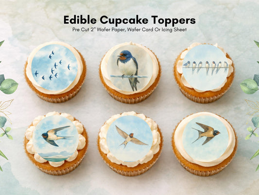 Swallow Edible Cupcake Toppers – 2" Wafer Paper, Card or Icing – 12 ct