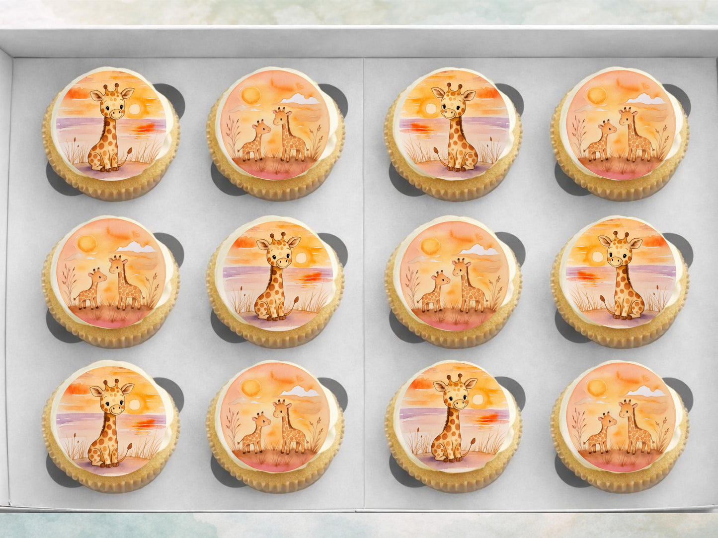Giraffe Edible Cupcake Toppers 12 x 2" Precut Wafer Paper, Card or Icing Sheet