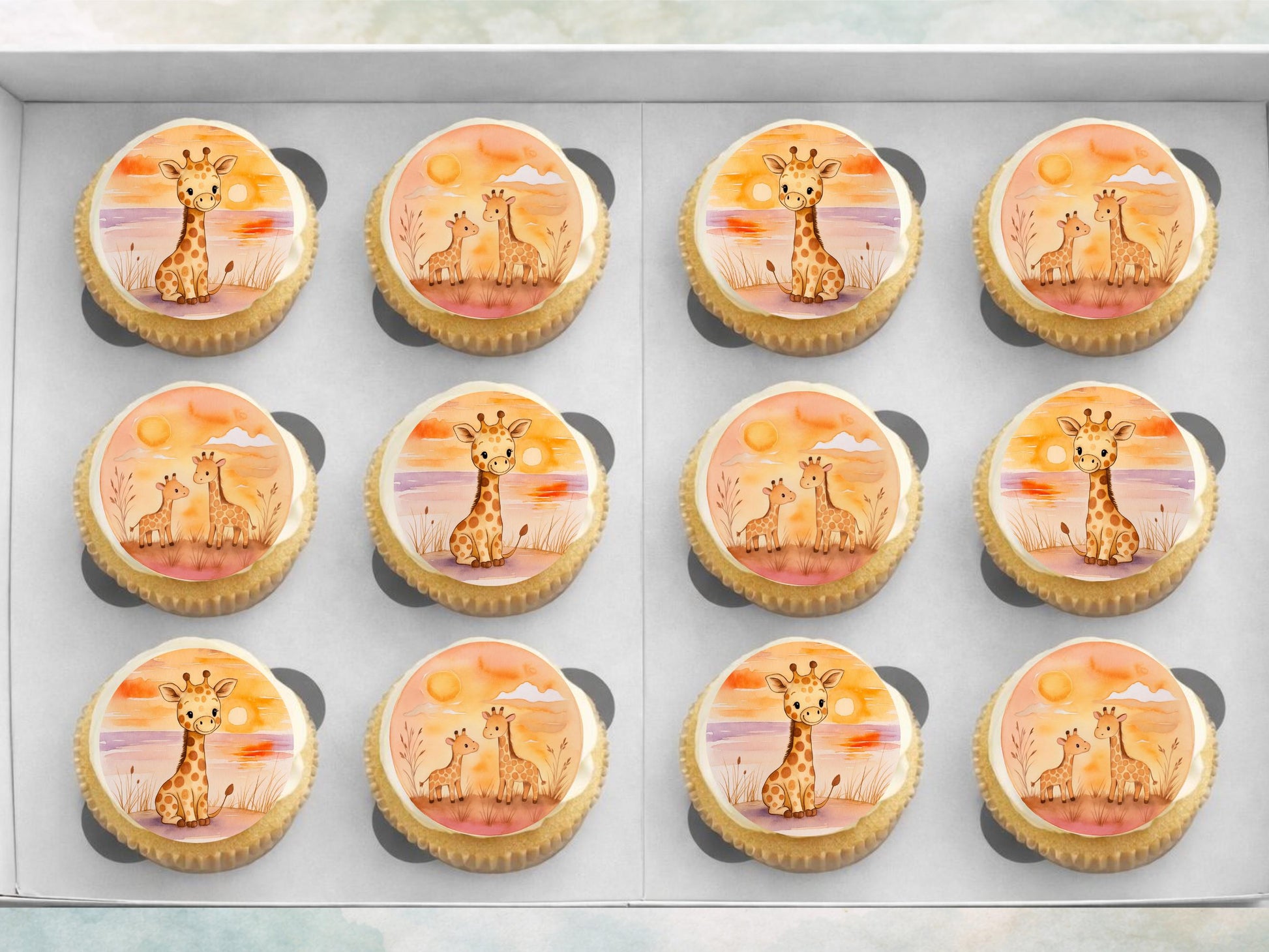 Giraffe Edible Cupcake Toppers 12 x 2" Precut Wafer Paper, Card or Icing Sheet