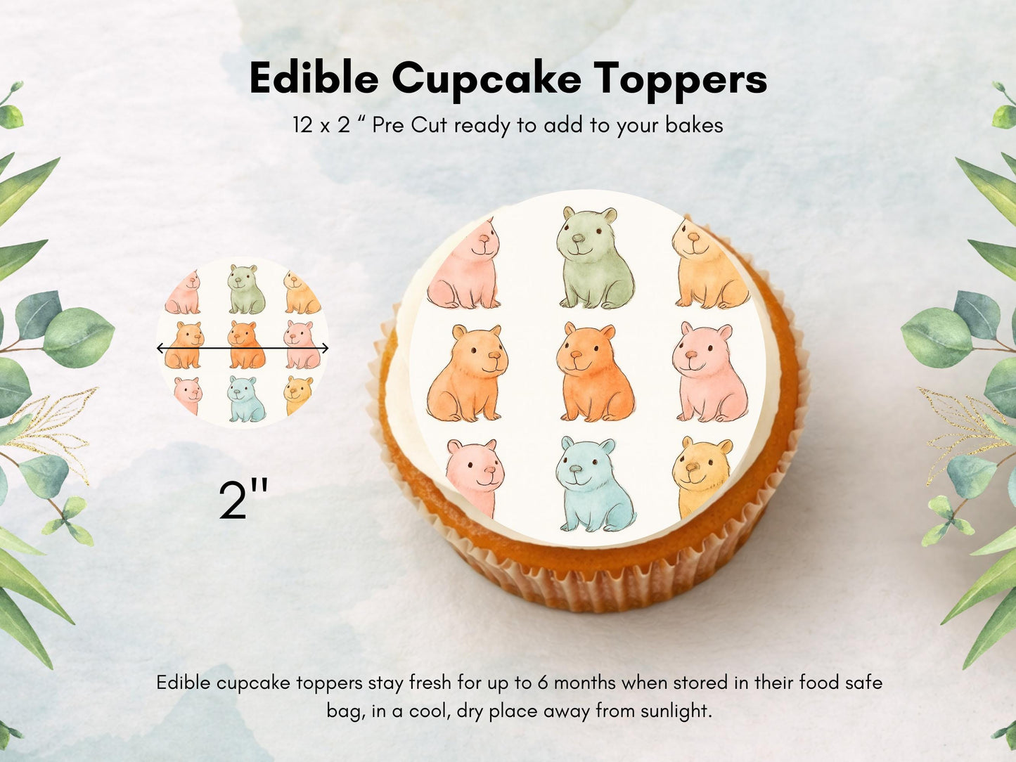Cute Capybara Edible Cupcake Toppers 12 x 2"– Pre cut Wafer Paper, Card or Icing Sheet, Birthday, Cookies, Cake, Capybara Decorations