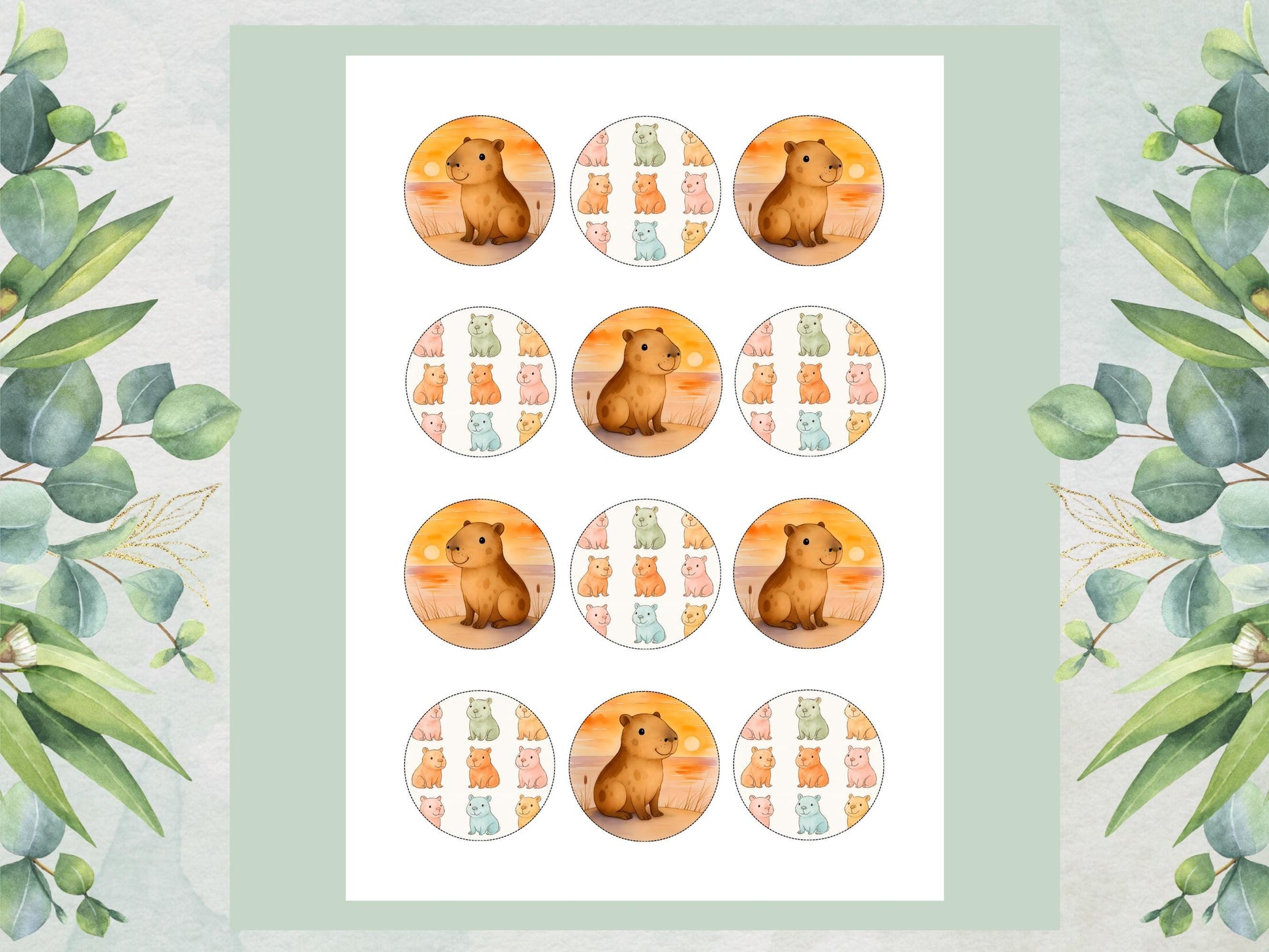 Cute Capybara Edible Cupcake Toppers 12 x 2"– Pre cut Wafer Paper, Card or Icing Sheet, Birthday, Cookies, Cake, Capybara Decorations
