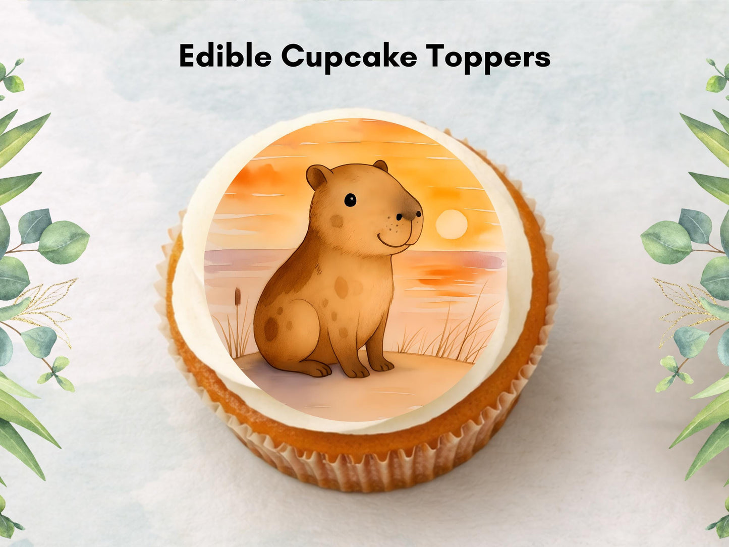 Cute Capybara Edible Cupcake Toppers 12 x 2"– Pre cut Wafer Paper, Card or Icing Sheet, Birthday, Cookies, Cake, Capybara Decorations