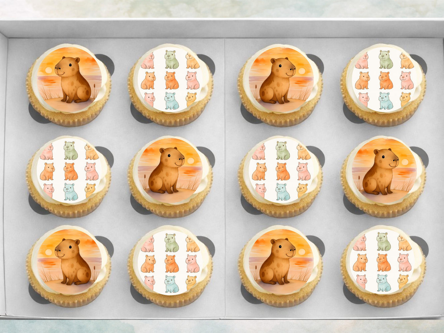 Cute Capybara Edible Cupcake Toppers 12 x 2"– Pre cut Wafer Paper, Card or Icing Sheet, Birthday, Cookies, Cake, Capybara Decorations