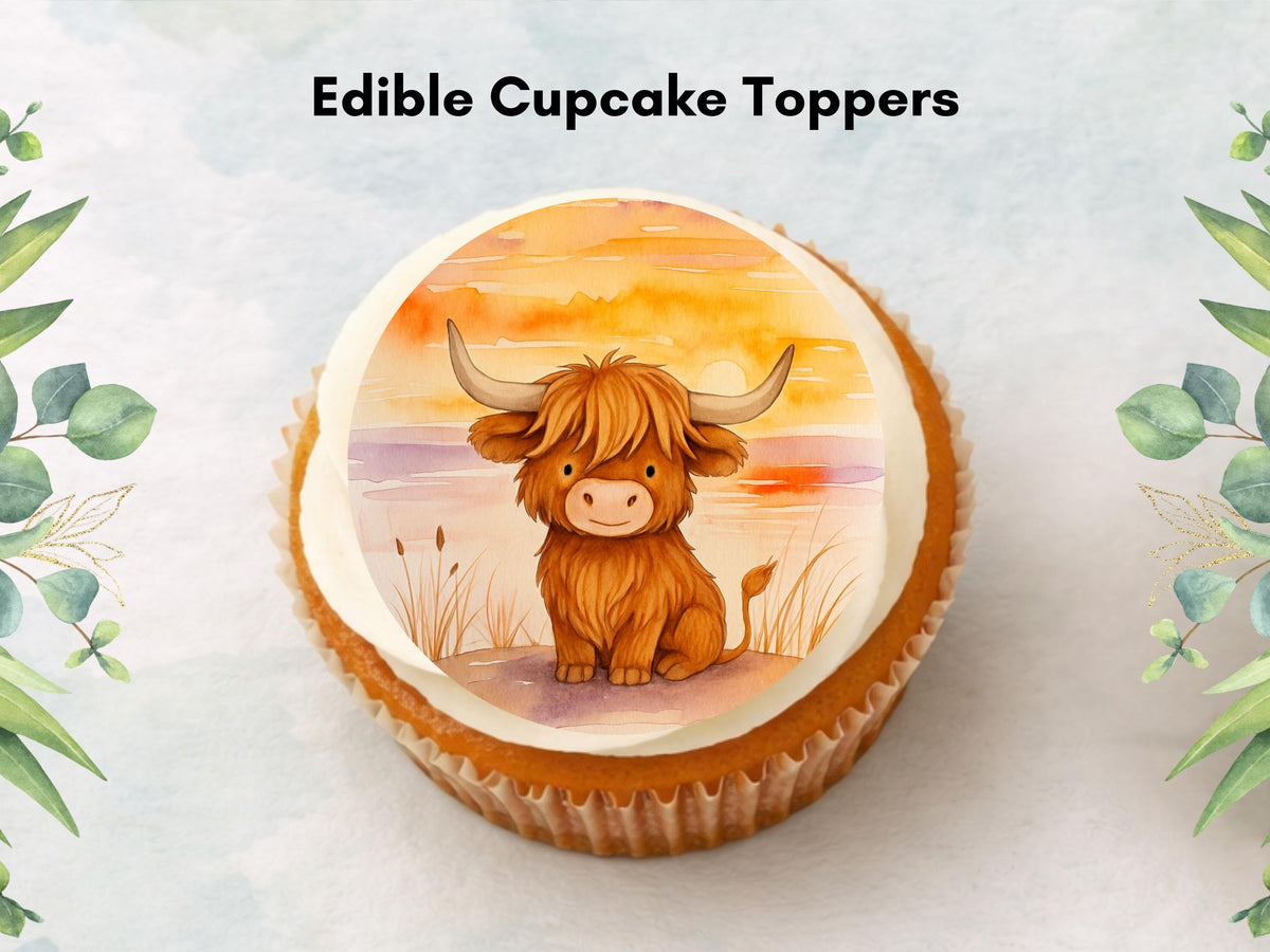 Highland Cow Cupcake Toppers - Edible Cake Decorations (Wafer Paper, Card, Icing Sheet)