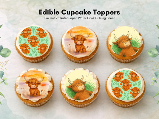 Highland Cow Cupcake Toppers - Edible Cake Decorations (Wafer Paper, Card, Icing Sheet)