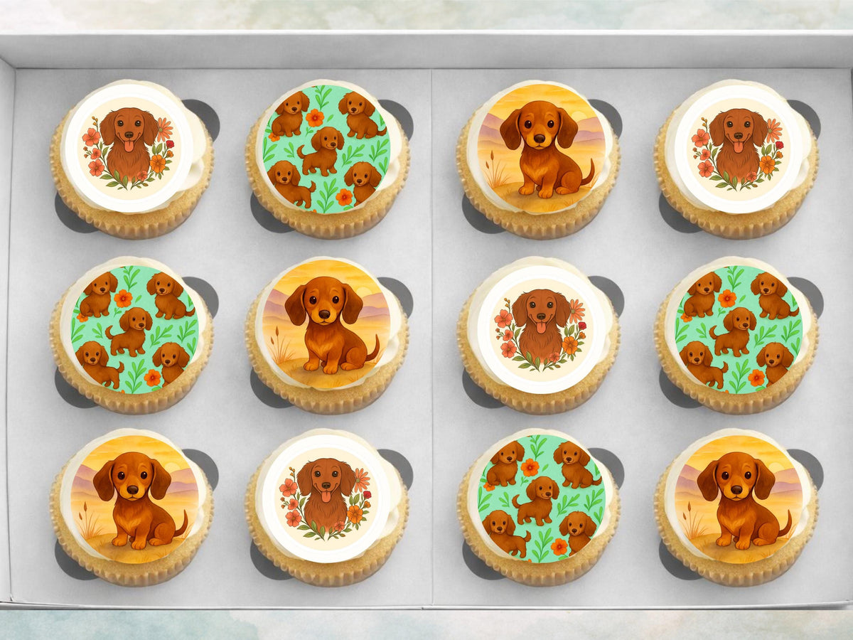 Sausage Dog Edible Cupcake Toppers – 12 x 2" Dachshund Cake Decoration