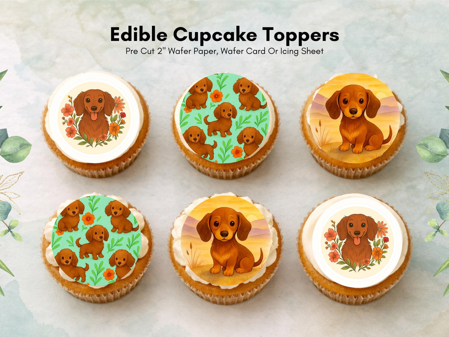 Dachshund Edible Cupcake Toppers – 12 x 2" Pre-Cut (Wafer Paper, Card or Icing Sheet)