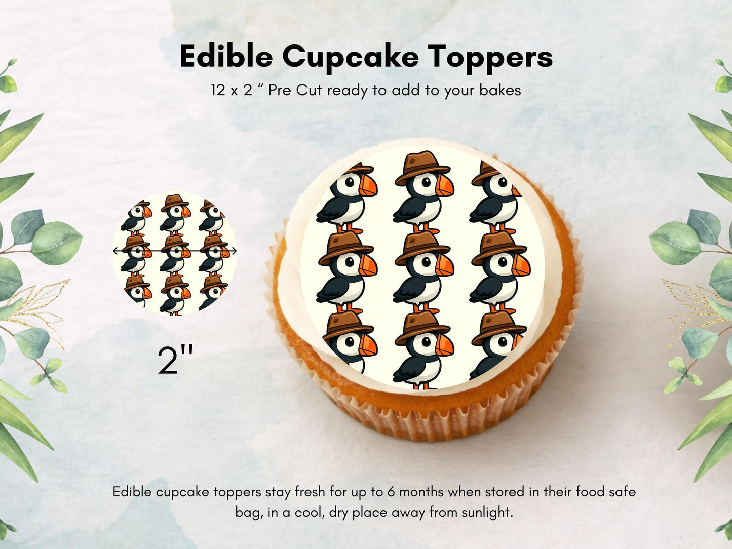 Puffin Edible Cupcake Toppers – Pre-Cut, 2 inch (Wafer Paper)