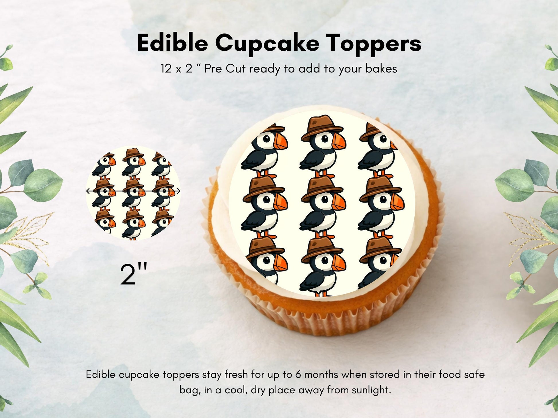 Puffin Edible Cupcake Toppers – Pre-Cut, 2 inch (Wafer Paper)