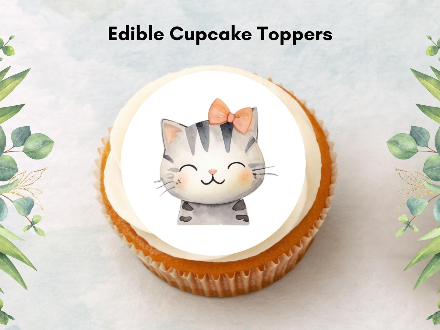 Cute Kitten Edible Cupcake Toppers 12 x 2"– Pre cut Wafer Paper, Card or Icing Sheet, Cat Birthday Cake Decoration