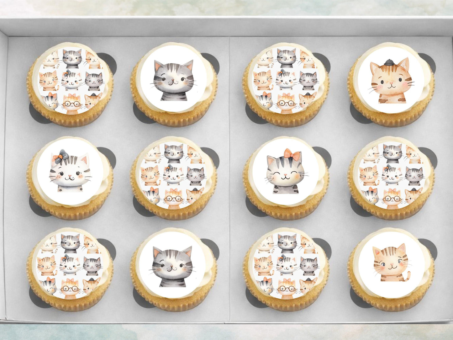 Cute Kitten Edible Cupcake Toppers 12 x 2"– Pre cut Wafer Paper, Card or Icing Sheet, Cat Birthday Cake Decoration