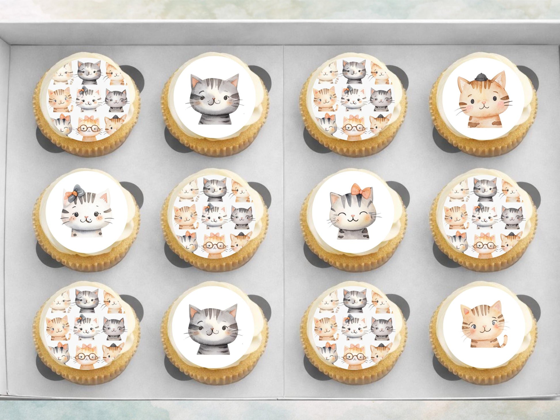Cute Kitten Edible Cupcake Toppers 12 x 2"– Pre cut Wafer Paper, Card or Icing Sheet, Cat Birthday Cake Decoration