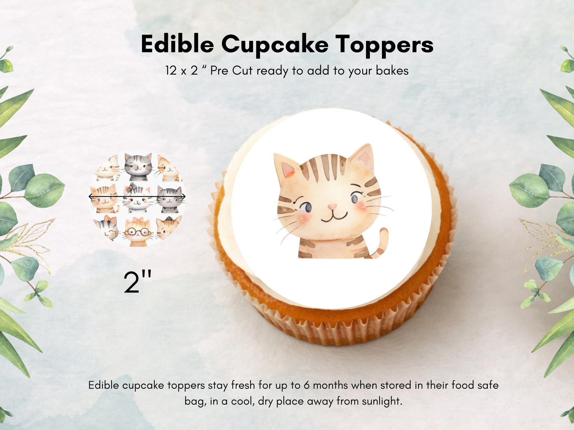 Cute Kitten Edible Cupcake Toppers 12 x 2"– Pre cut Wafer Paper, Card or Icing Sheet, Cat Birthday Cake Decoration