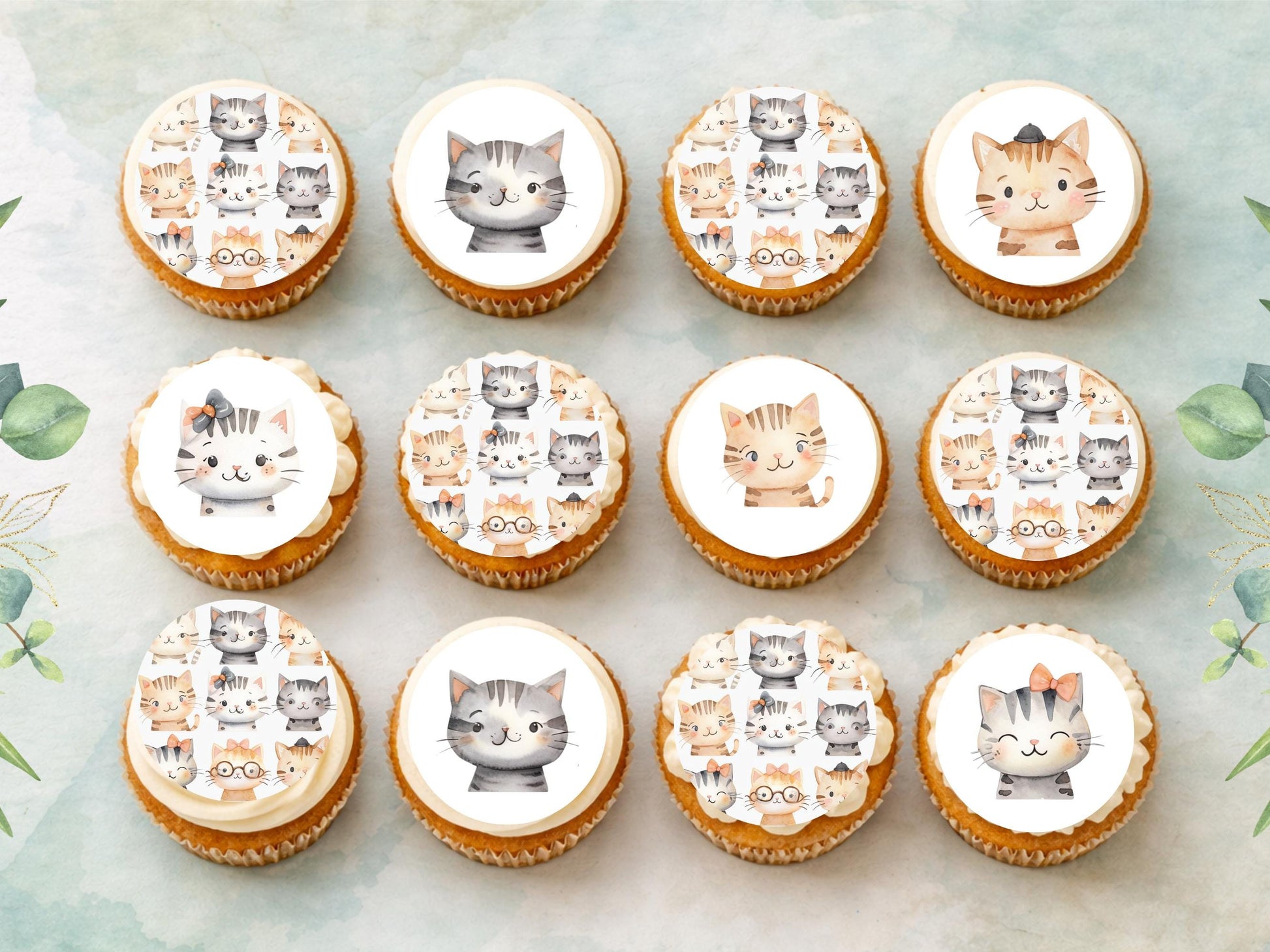 Cute Kitten Edible Cupcake Toppers 12 x 2"– Pre cut Wafer Paper, Card or Icing Sheet, Cat Birthday Cake Decoration