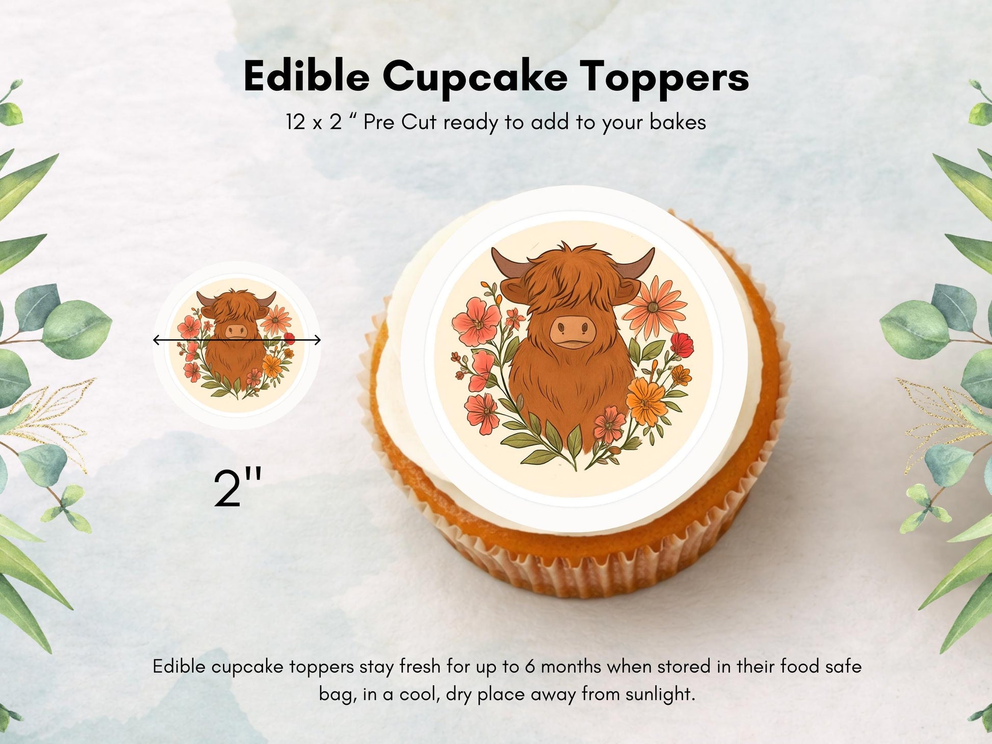Highland Cow Edible Cupcake Toppers – 2" Wafer Paper, Card, Icing Sheet