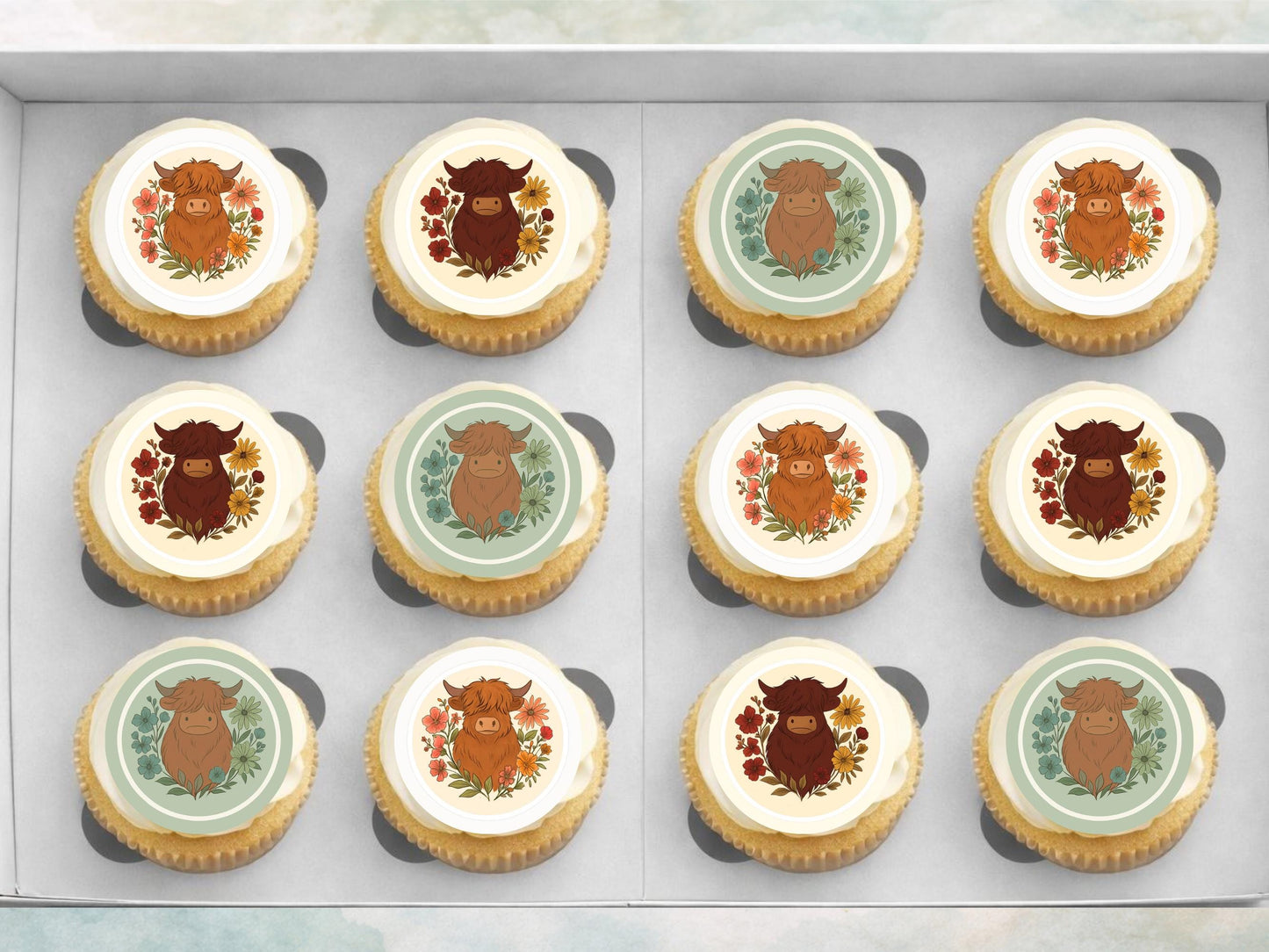Highland Cow Edible Cupcake Toppers – 2" Wafer Paper, Card, Icing Sheet
