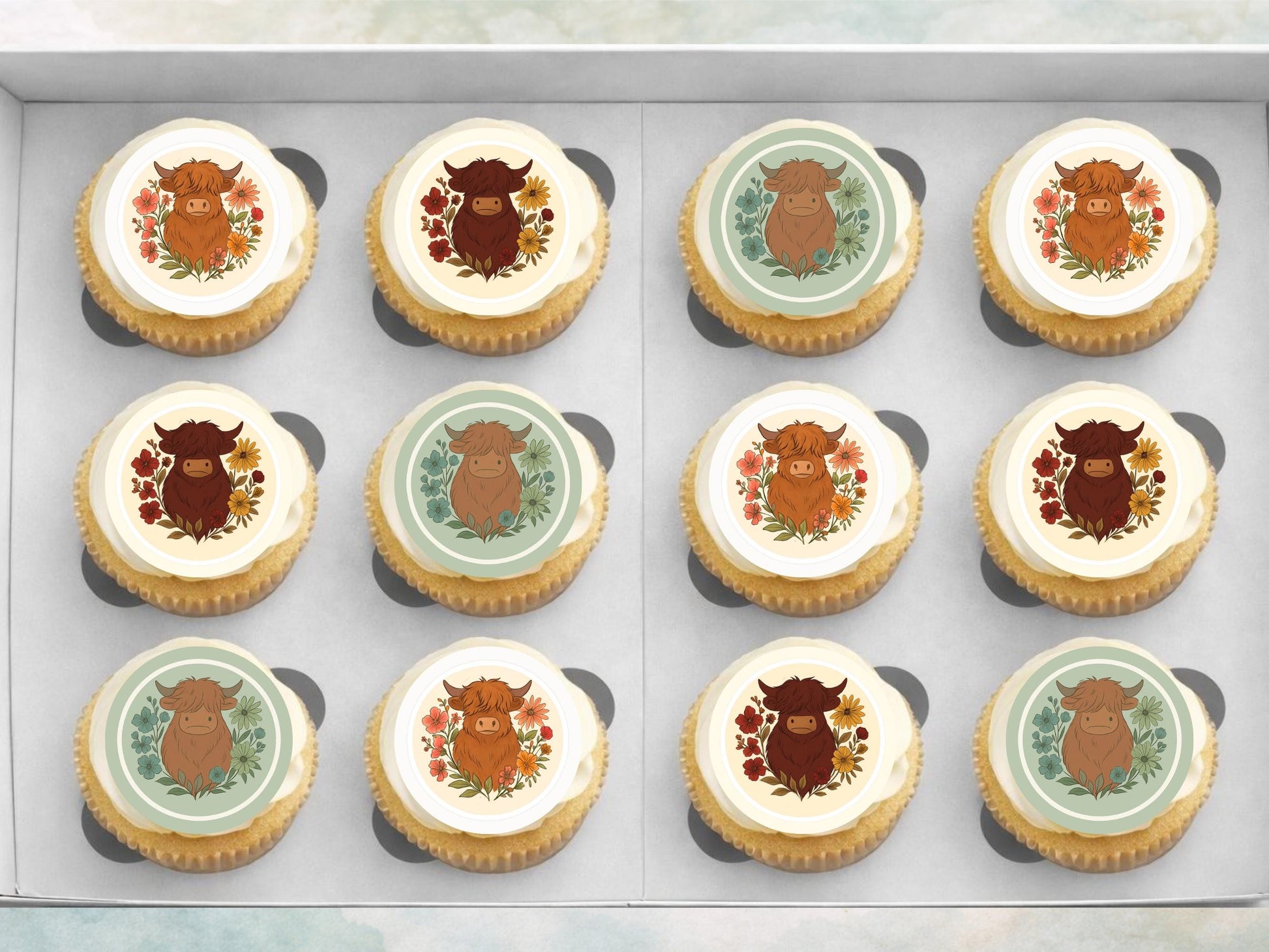 Highland Cow Edible Cupcake Toppers – 2" Wafer Paper, Card, Icing Sheet