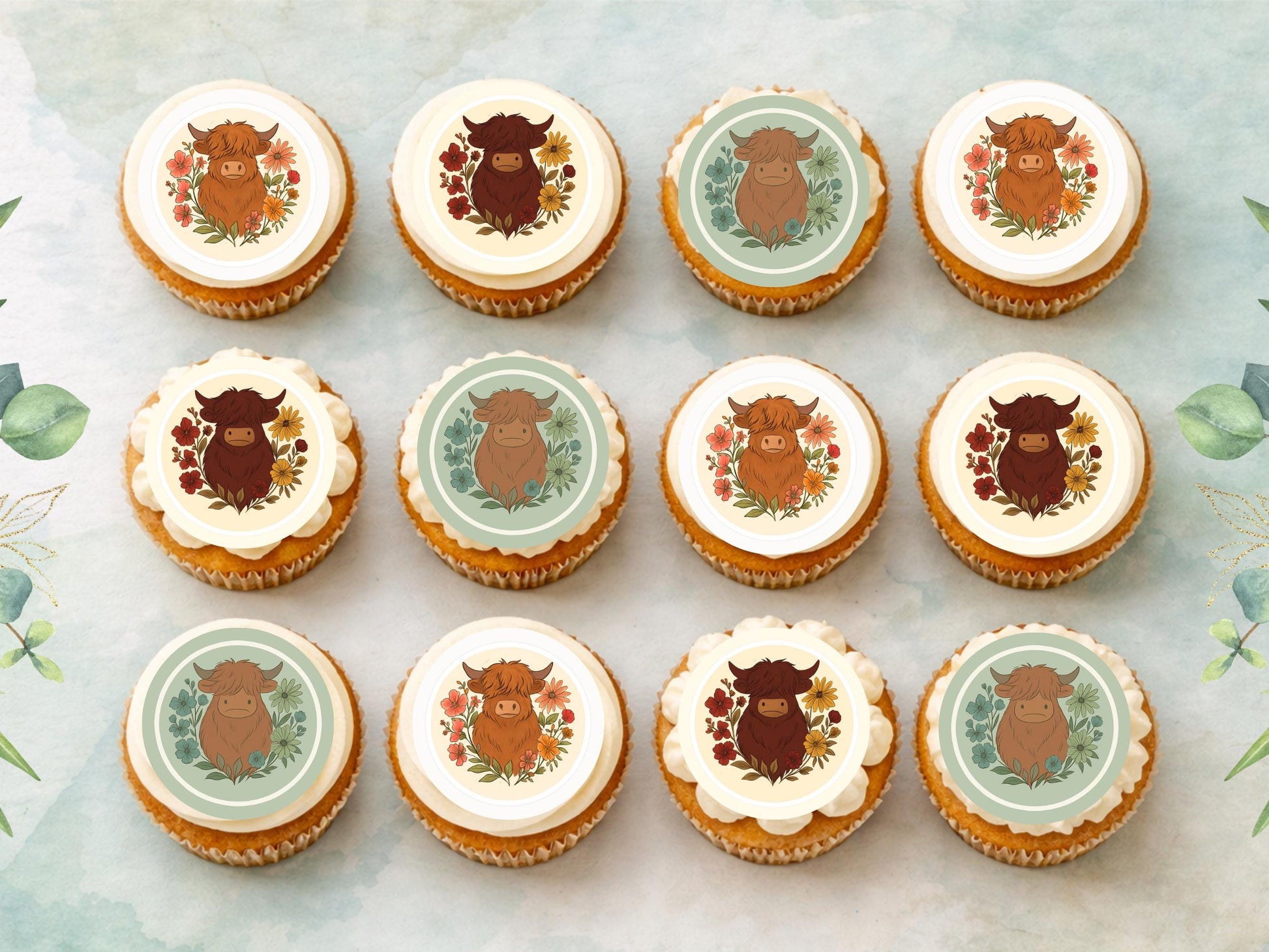 Highland Cow Edible Cupcake Toppers – 2" Wafer Paper, Card, Icing Sheet