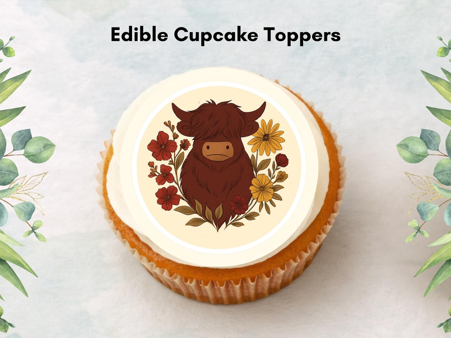 Highland Cow Edible Cupcake Toppers – 2" Wafer Paper, Card, Icing Sheet