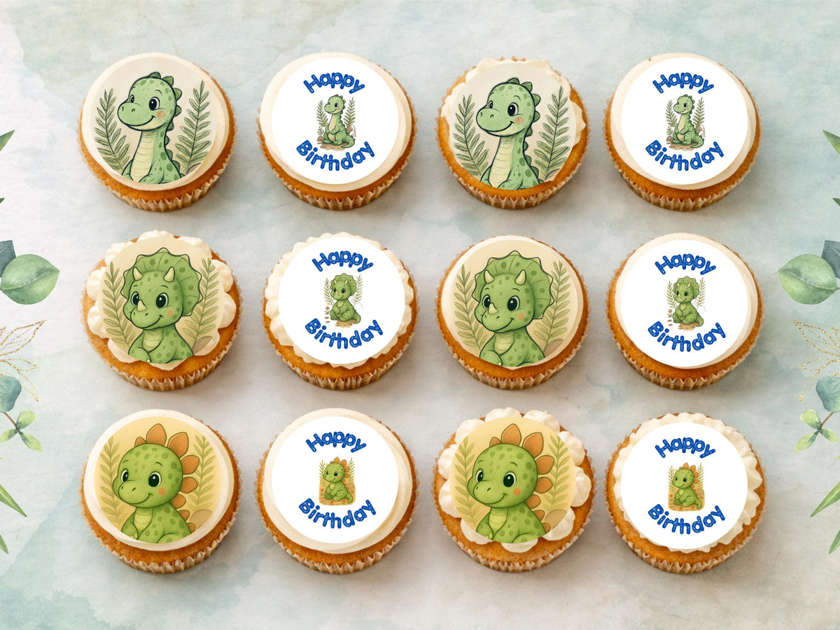 Dinosaur Edible Cupcake Toppers – Happy Birthday Dino Cake Decorations