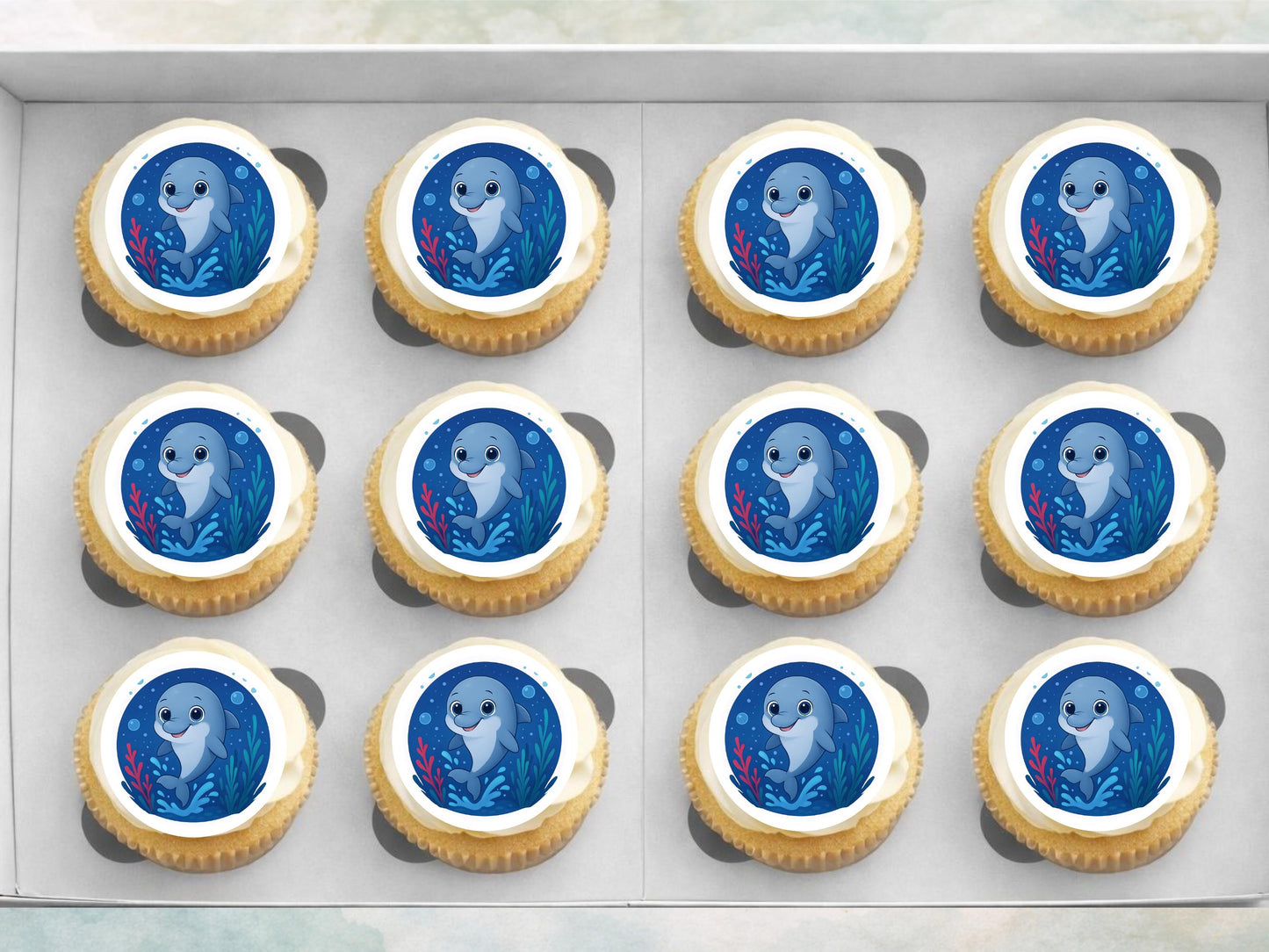 Dolphin Edible Cupcake Toppers 12 x 2" Precut Wafer Paper, Card or Icing Sheet