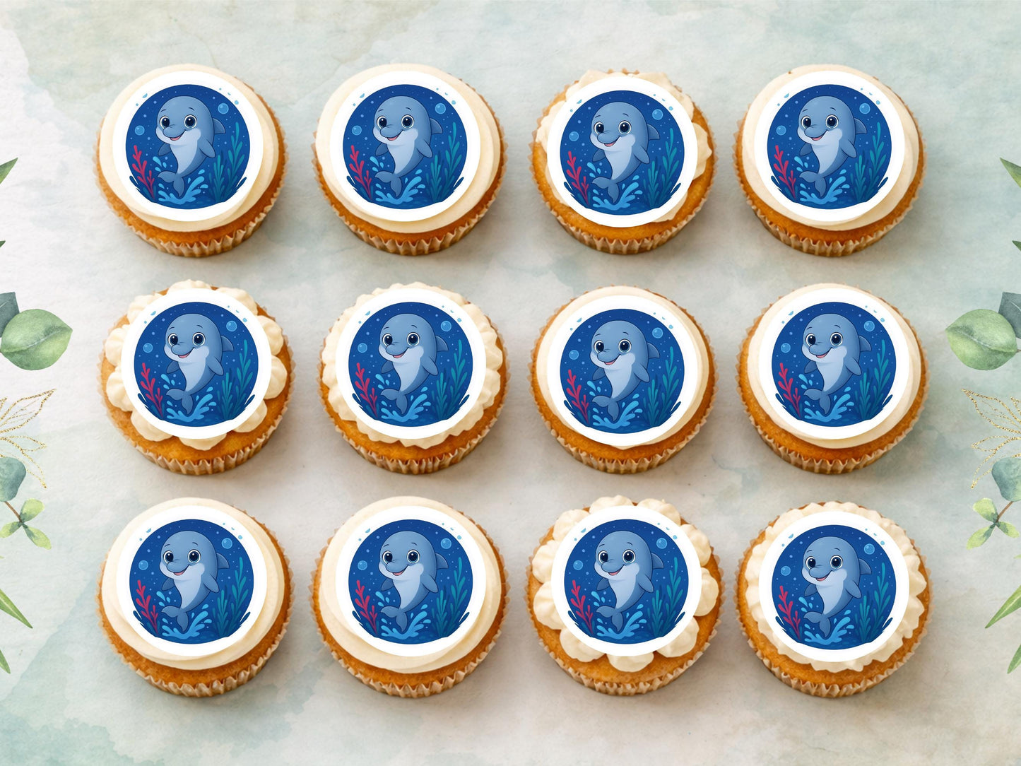 Dolphin Edible Cupcake Toppers 12 x 2" Precut Wafer Paper, Card or Icing Sheet