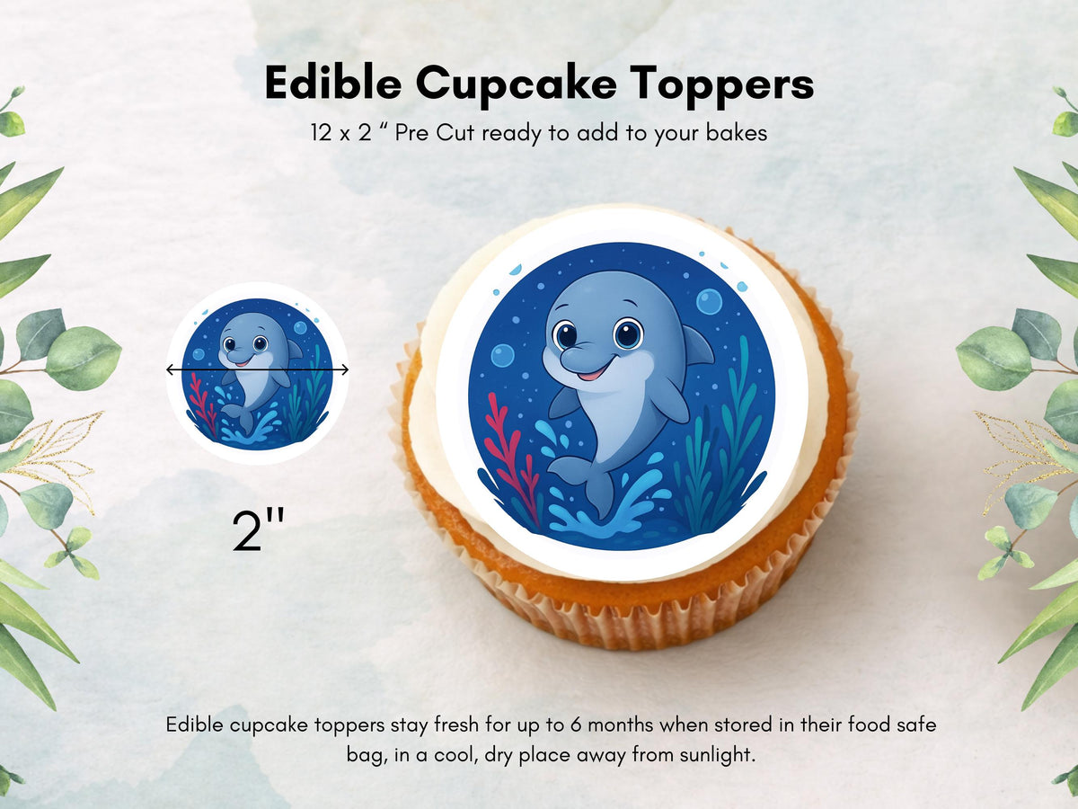 Dolphin Edible Cupcake Toppers 12 x 2" Precut Wafer Paper, Card or Icing Sheet
