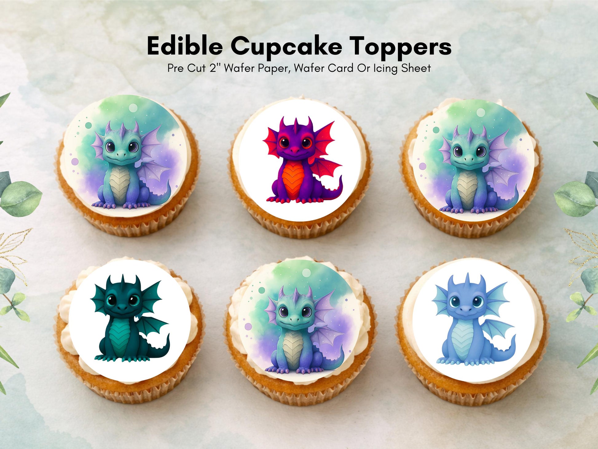 Dragon Edible Cupcake Toppers 12 x 2"– Pre cut Wafer Paper, Card or Icing Sheet, Cupcakes, Cookies, Cake, Birthday, Dragons cute