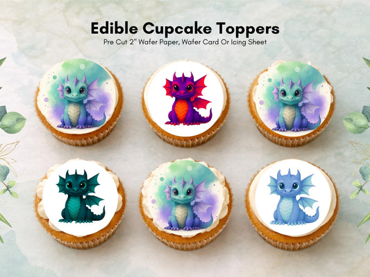 Dragon Edible Cupcake Toppers 12 x 2"– Pre cut Wafer Paper, Card or Icing Sheet, Cupcakes, Cookies, Cake, Birthday, Dragons cute