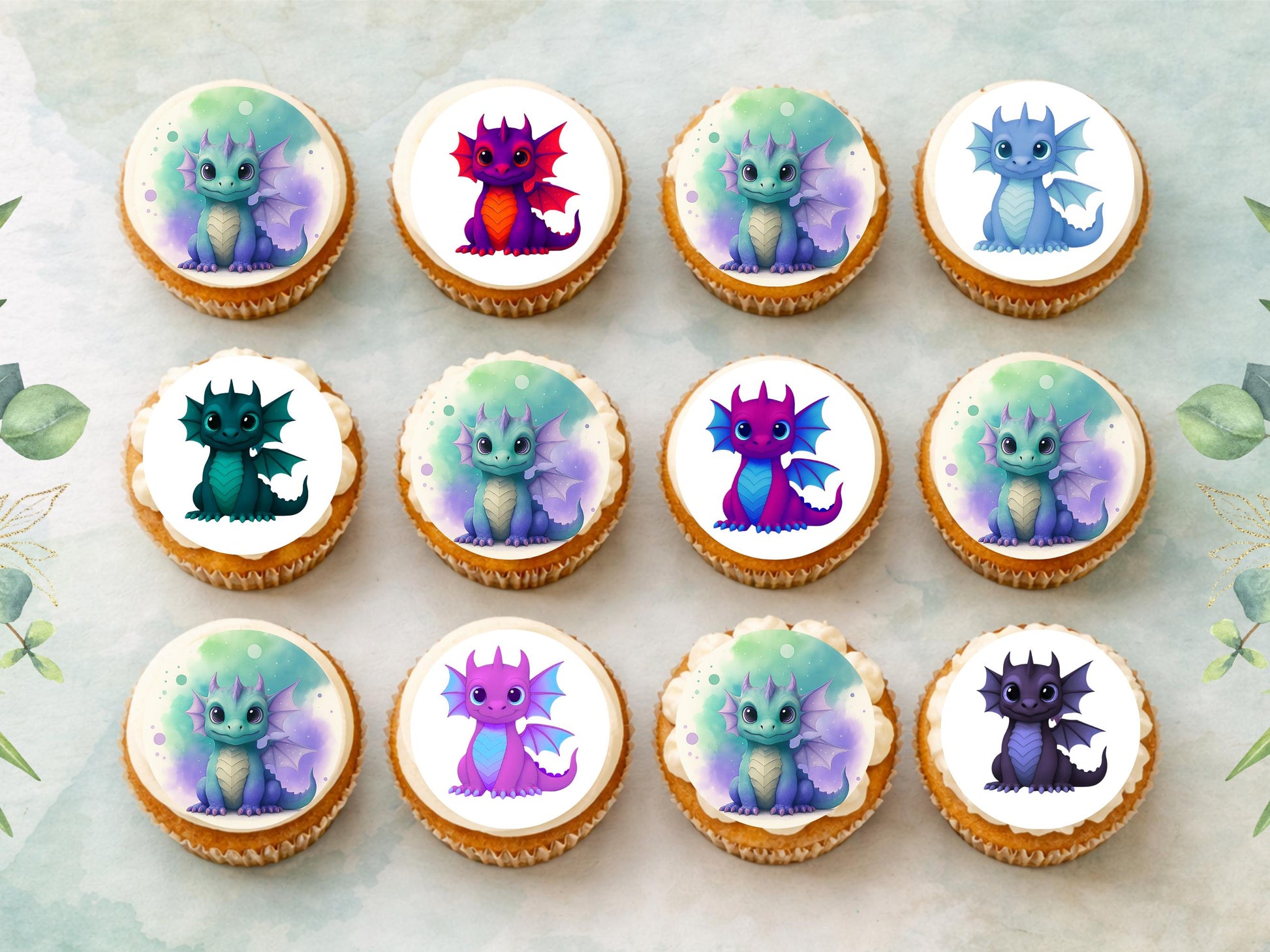 Dragon Edible Cupcake Toppers 12 x 2"– Pre cut Wafer Paper, Card or Icing Sheet, Cupcakes, Cookies, Cake, Birthday, Dragons cute
