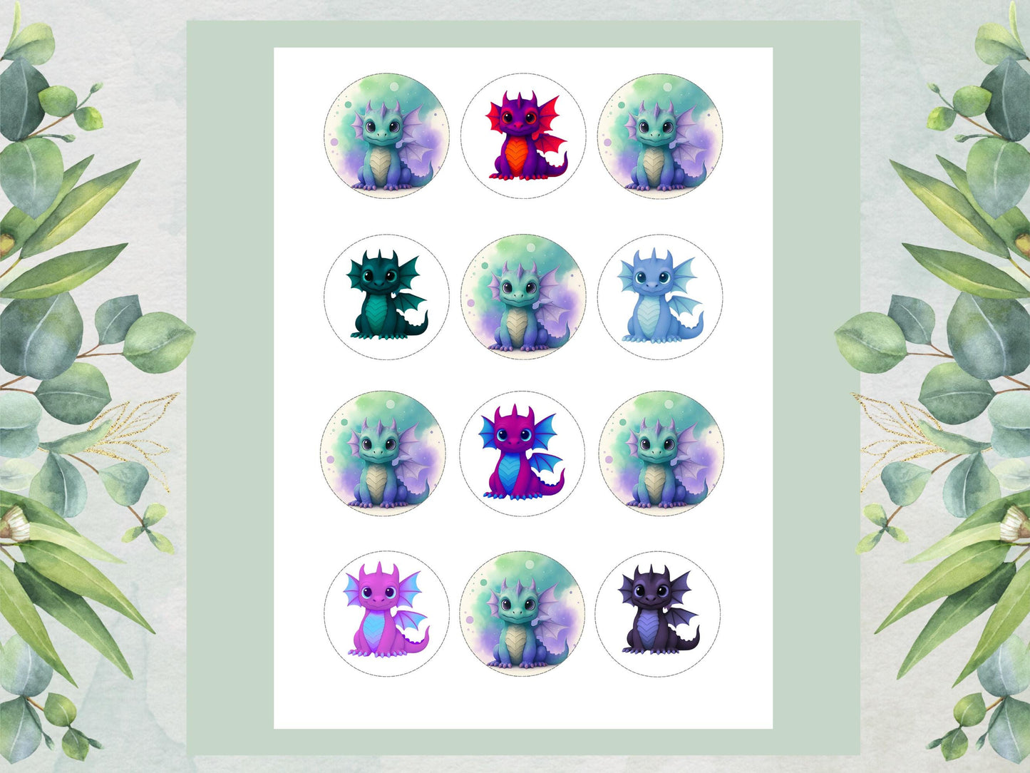 Dragon Edible Cupcake Toppers 12 x 2"– Pre cut Wafer Paper, Card or Icing Sheet, Cupcakes, Cookies, Cake, Birthday, Dragons cute
