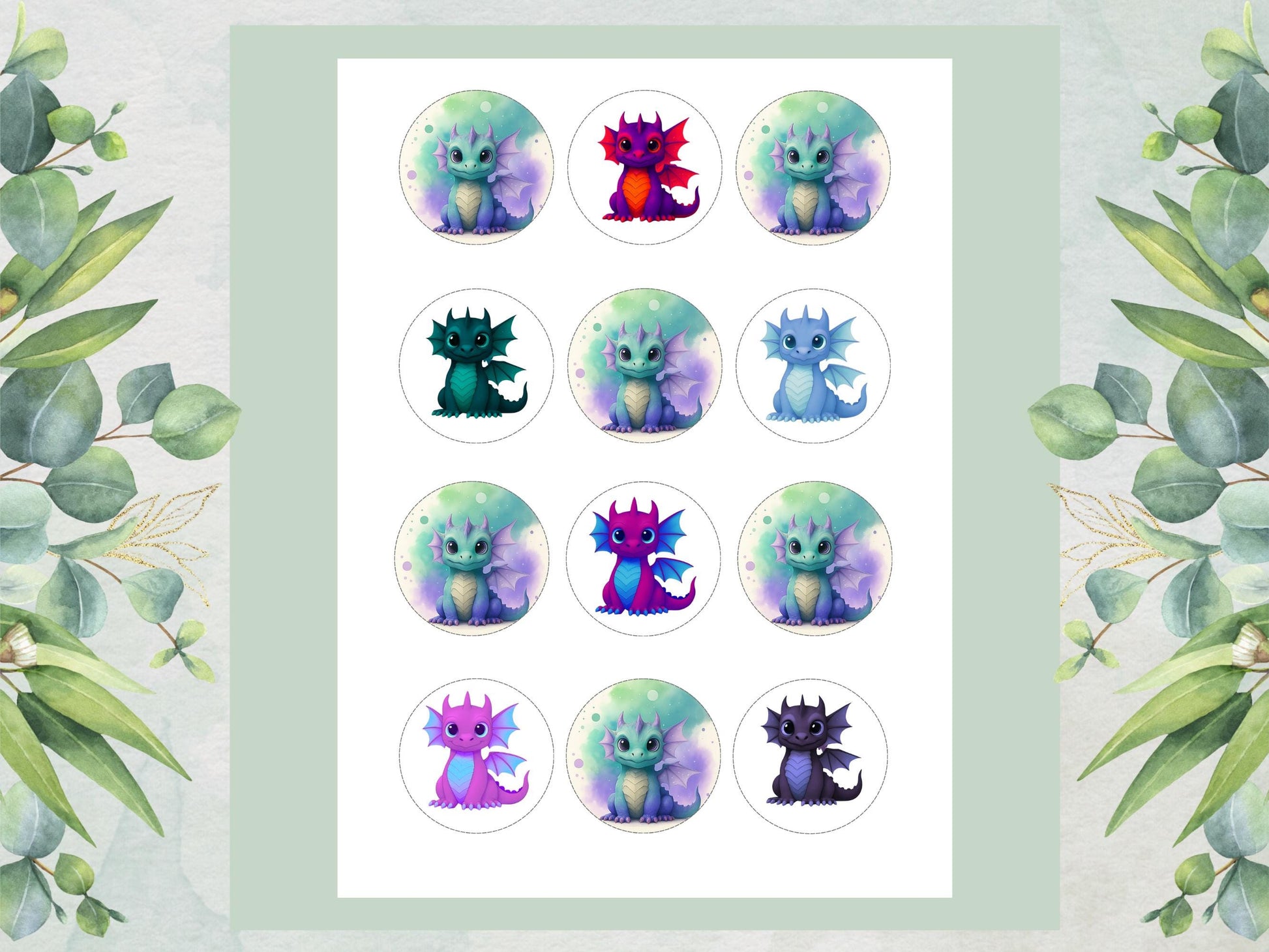 Dragon Edible Cupcake Toppers 12 x 2"– Pre cut Wafer Paper, Card or Icing Sheet, Cupcakes, Cookies, Cake, Birthday, Dragons cute