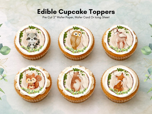 Forest Animal Edible Cupcake Toppers, Woodland Birthday Party (12 x 2" Pre-Cut)