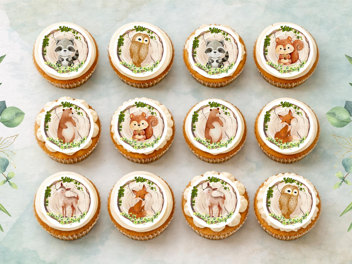 Forest Animal Edible Cupcake Toppers, Woodland Birthday Party (12 x 2" Pre-Cut)