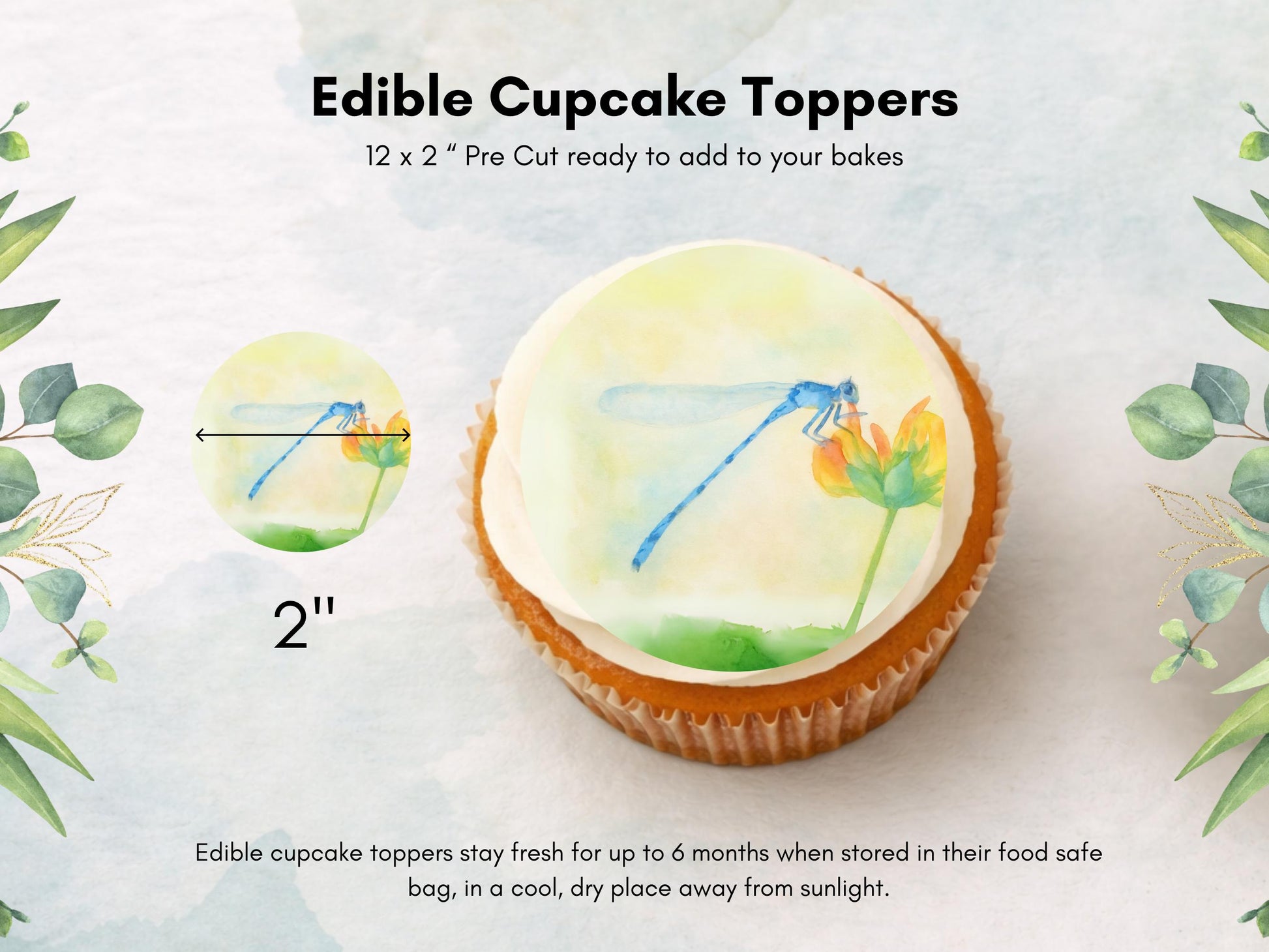 Dragonfly Edible Cupcake Toppers: 12 x 2" Wafer Paper, Card, or Icing Sheet